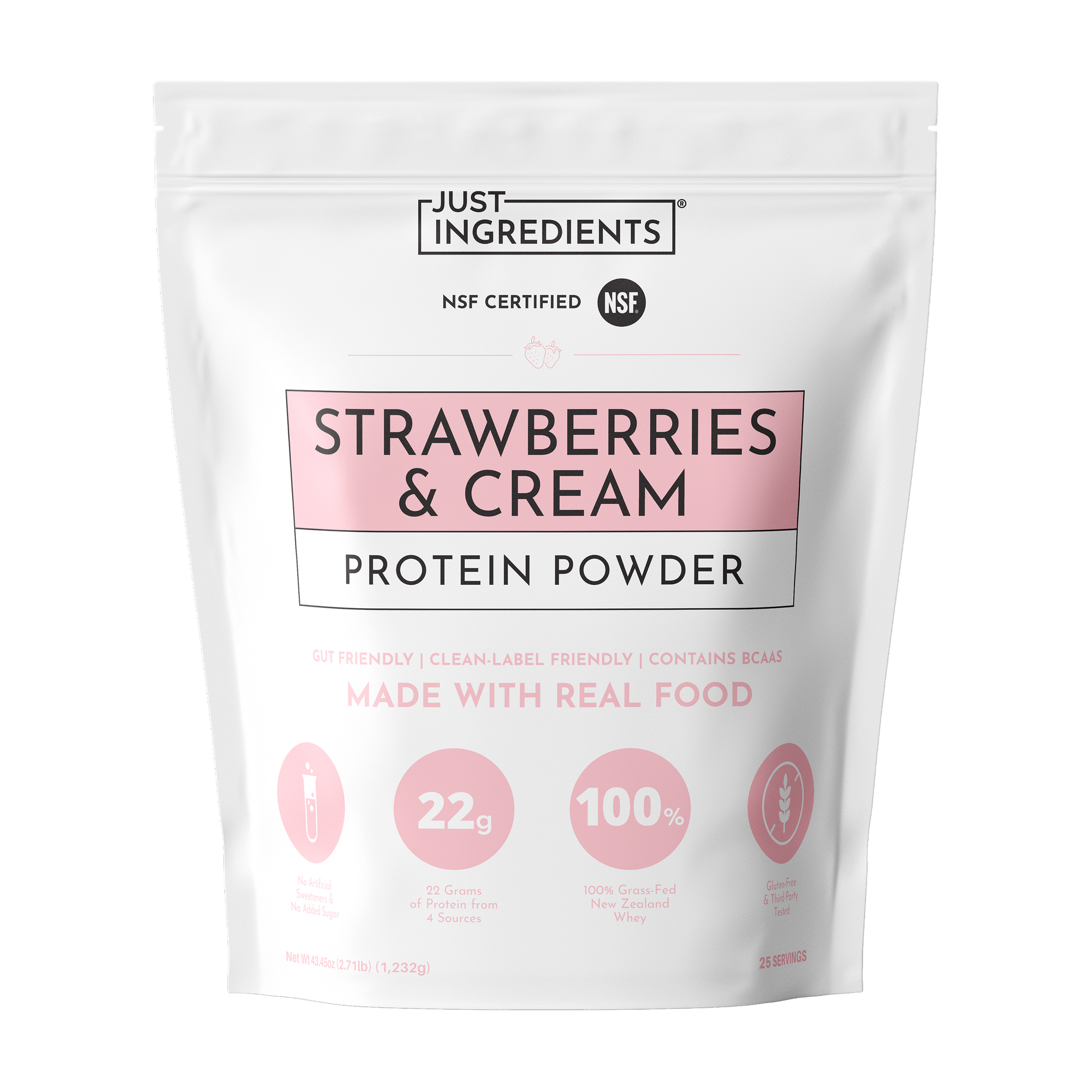 White pouch labeled "Just Ingredients Strawberries &amp; Cream Protein Powder" with pink accent panels and NSF certification badg