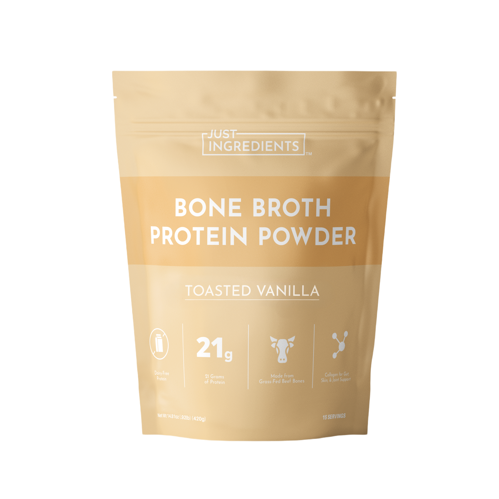 Pouch of toasted vanilla bone broth protein powder with 21g of protein per serving and 15 servings total.