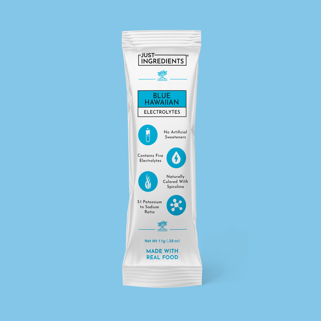 Blue Hawaiian electrolyte stick packet with product details and tropical fruit graphics.