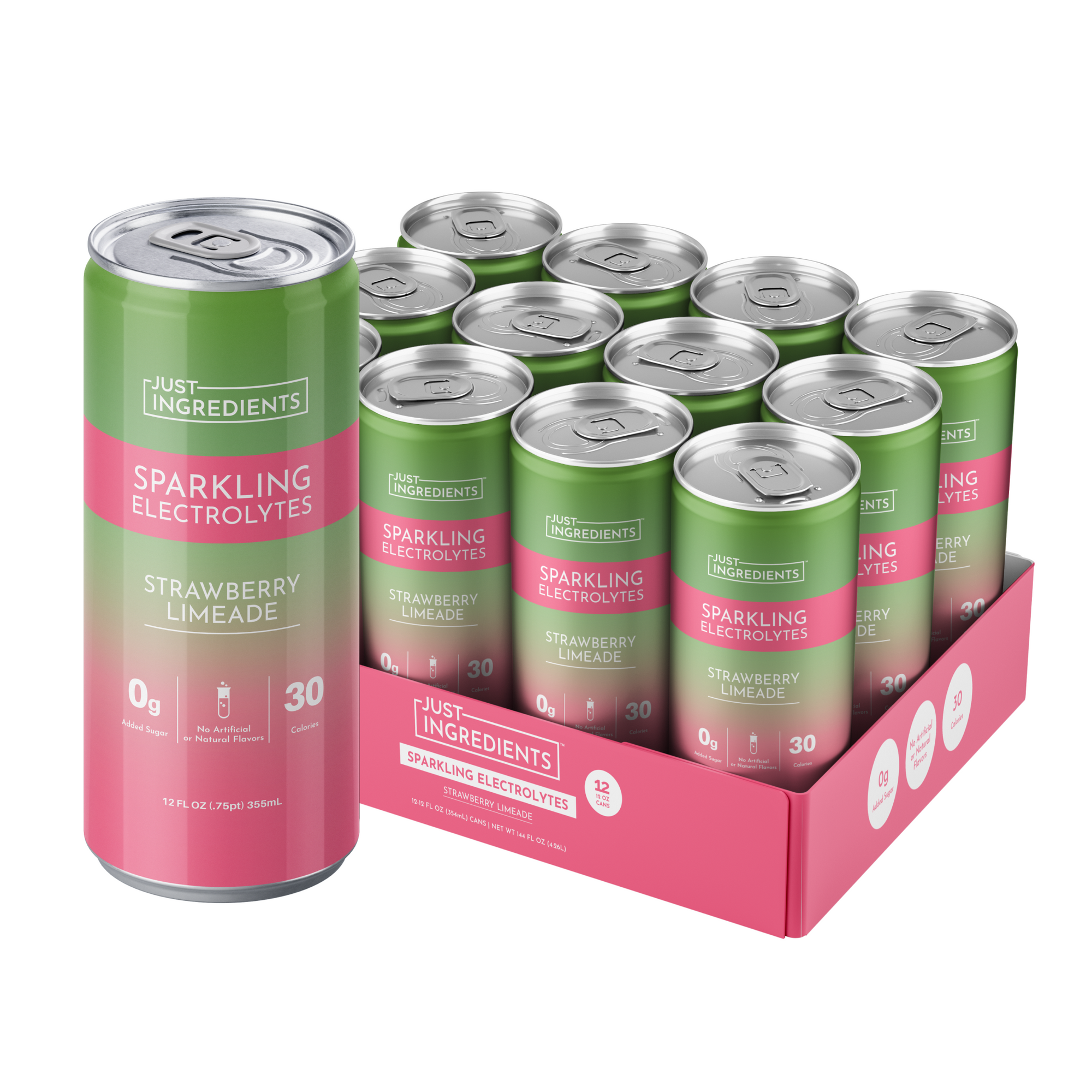 Twelve aluminum cans of Strawberry Limeade Sparkling Electrolytes in green and pink packaging arranged in a pink cardboard bo
