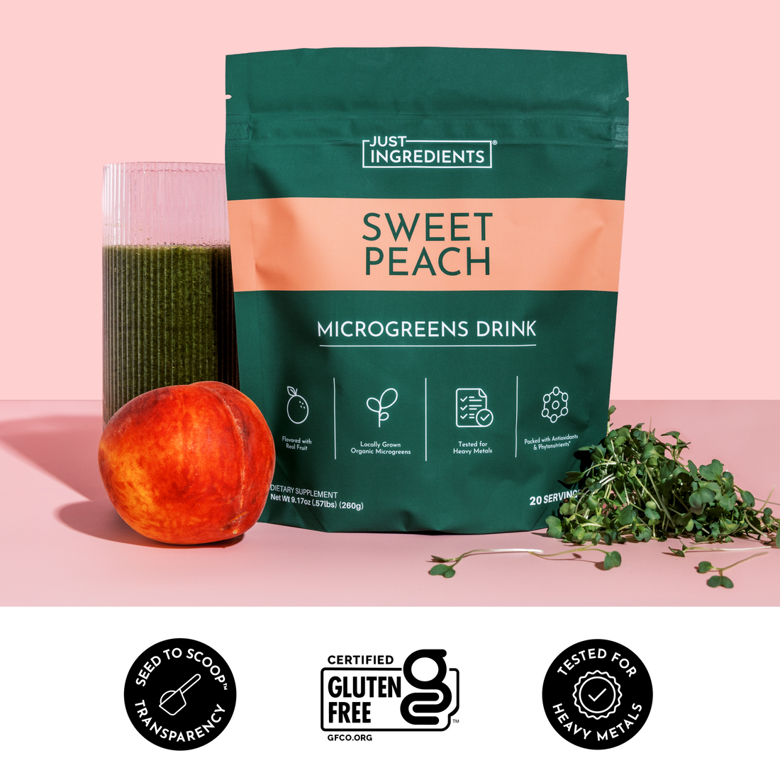 Green pouch of Sweet Peach Microgreens drink mix displayed with peach, dried microgreens, and fresh microgreen sprouts on pin