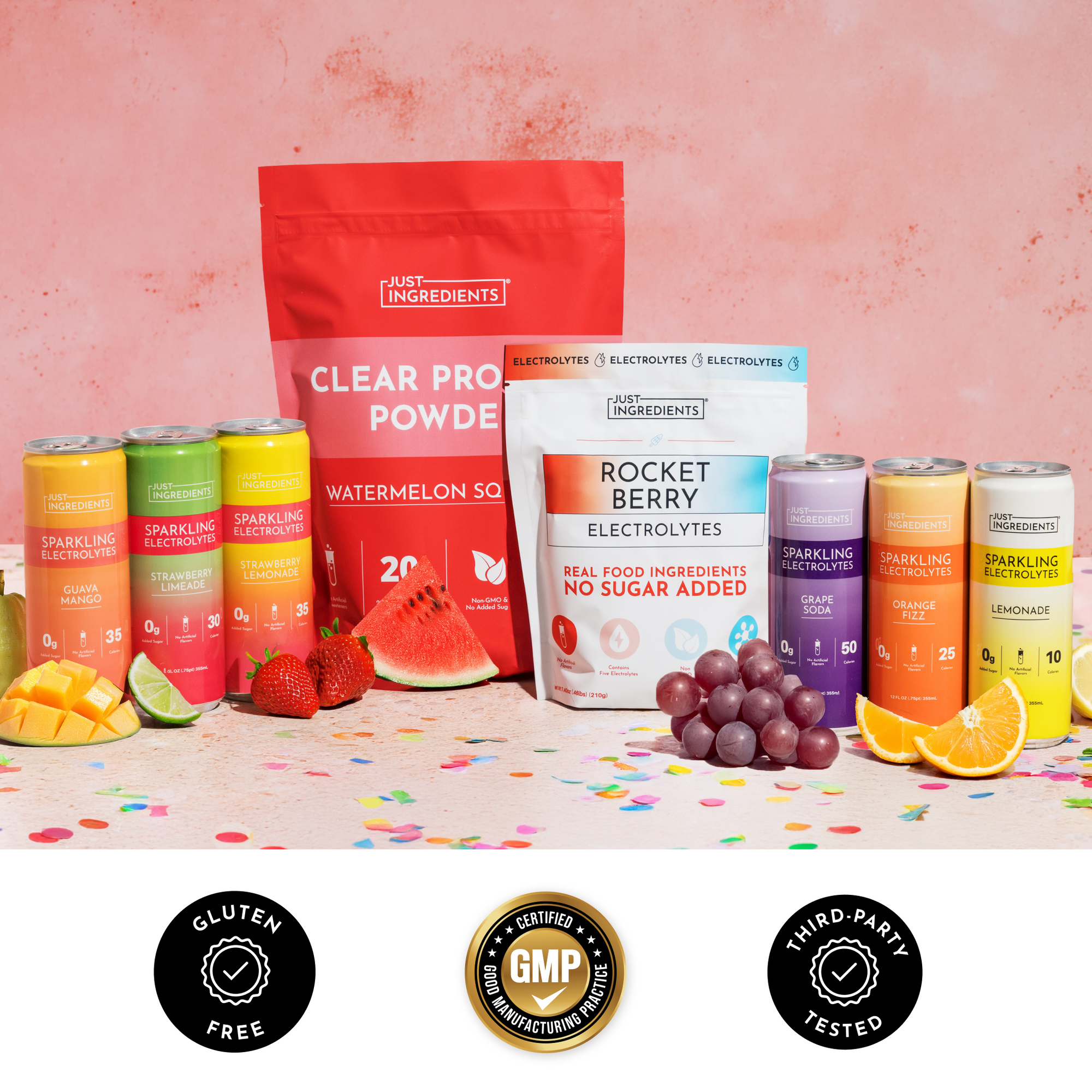 Just Ingredients sparkling electrolyte beverages and powder packets in various flavors including watermelon, berry, and citru