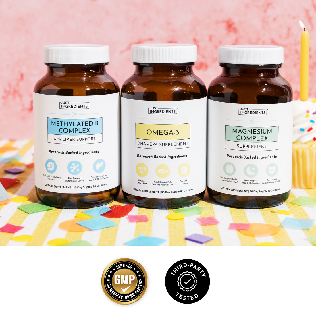 Three amber glass bottles labeled Methylated B Complex, Omega-3, and Magnesium Complex on colorful geometric background.