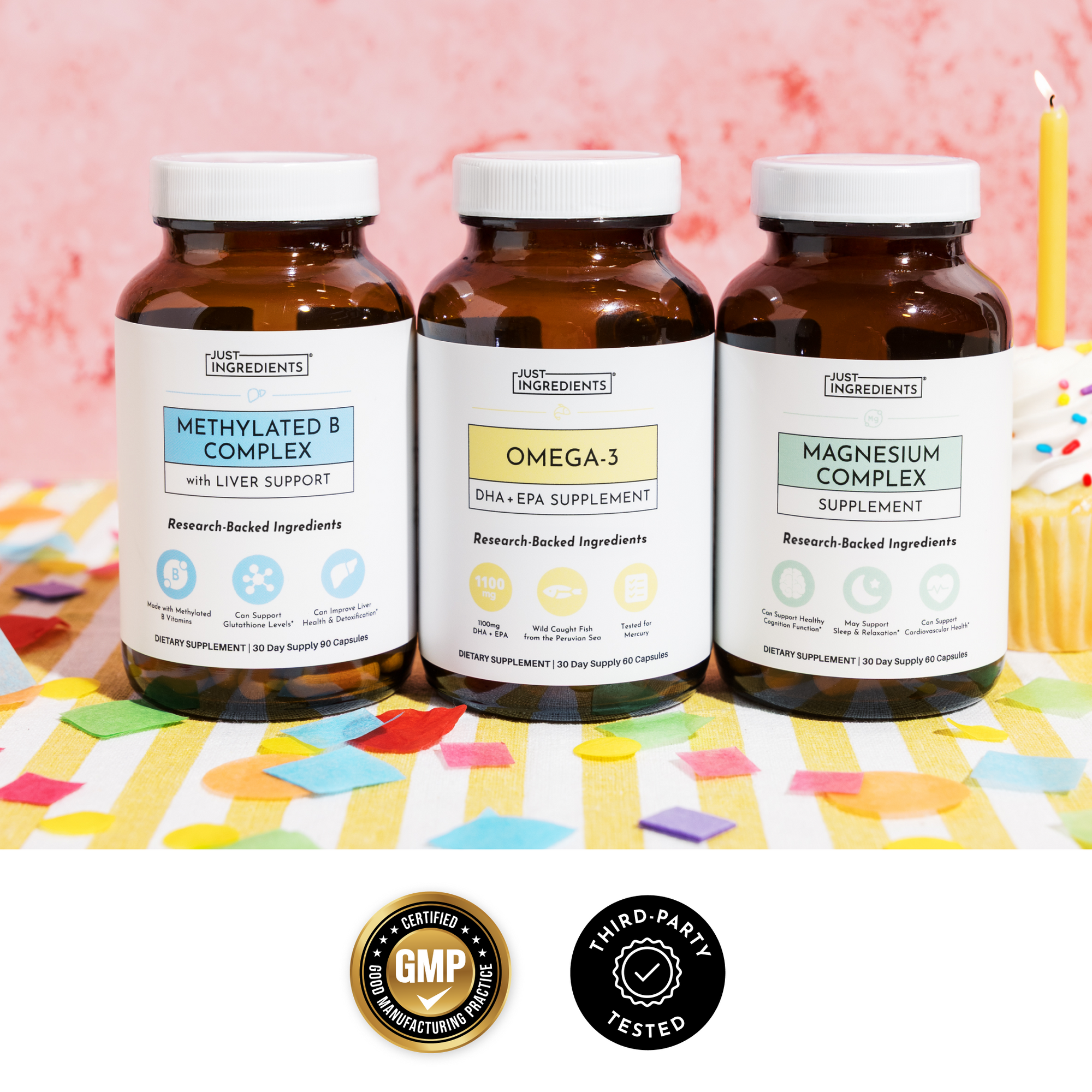 Three amber glass bottles labeled Methylated B Complex, Omega-3, and Magnesium Complex on colorful geometric background.