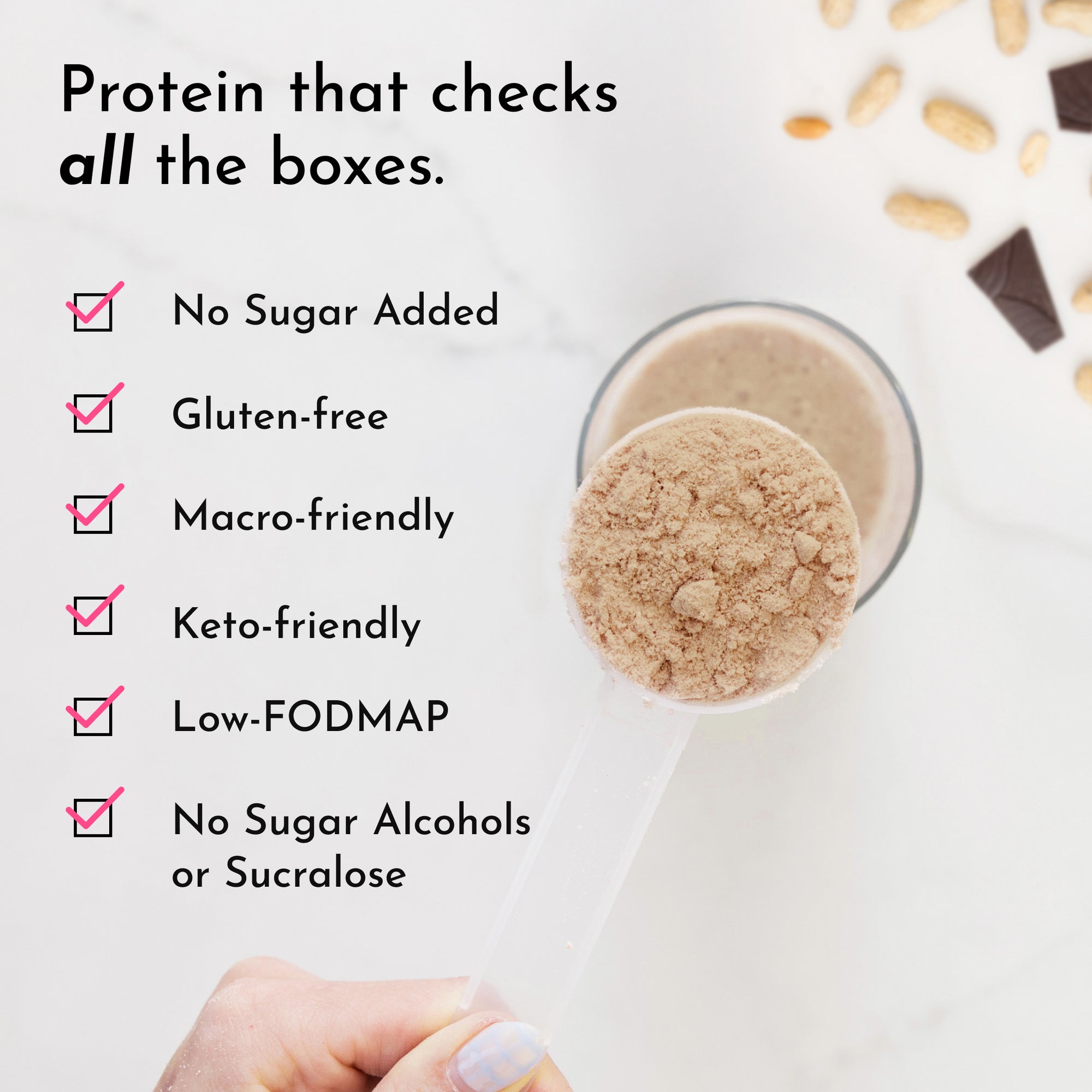 A clear scoop holds brown protein powder above a glass, with text listing dietary features beside it.