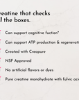 Text listing benefits of a creatine supplement, including cognitive support, ATP production, and NSF approval.