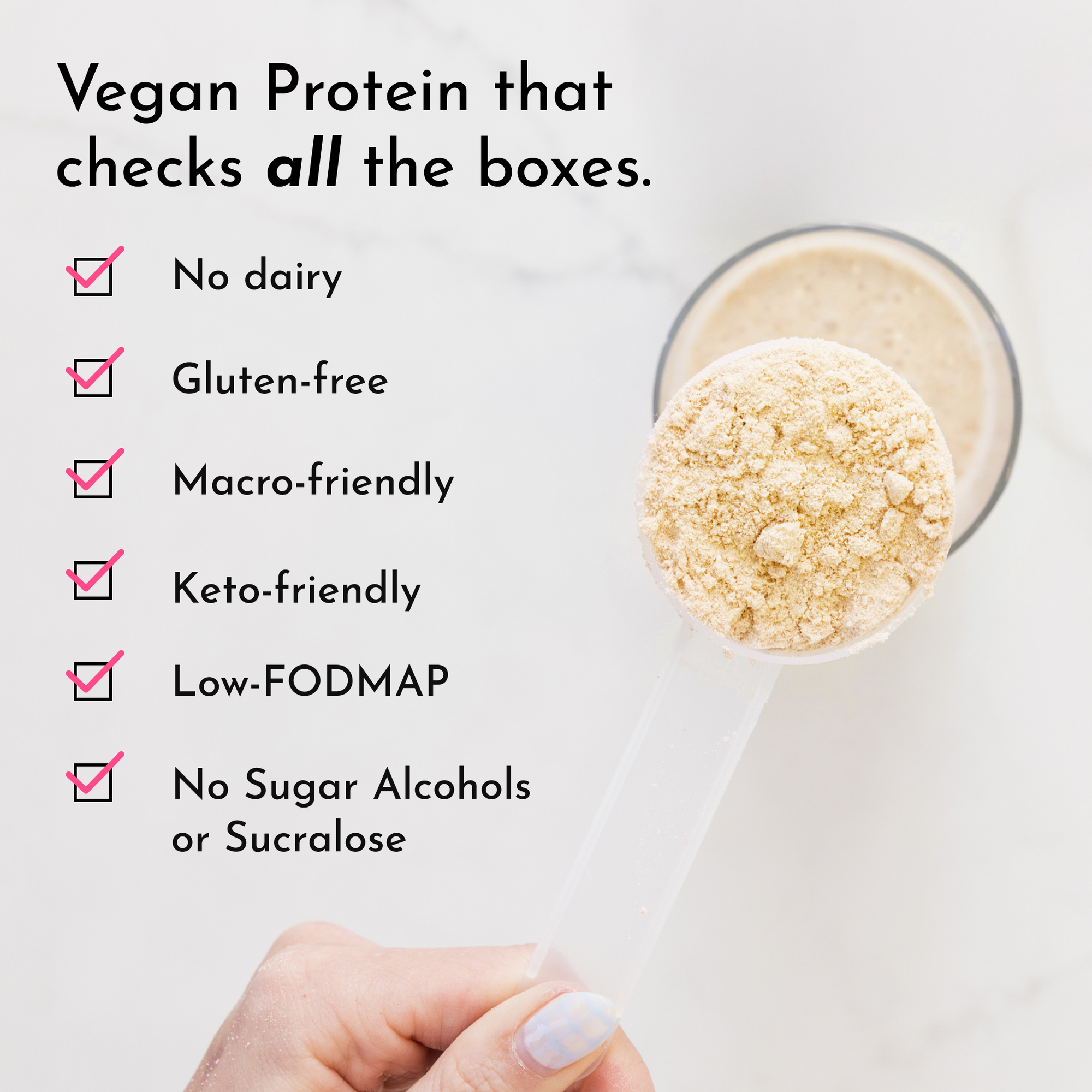 A hand holds a clear scoop of beige protein powder above a glass with a smoothie. Text lists product features.