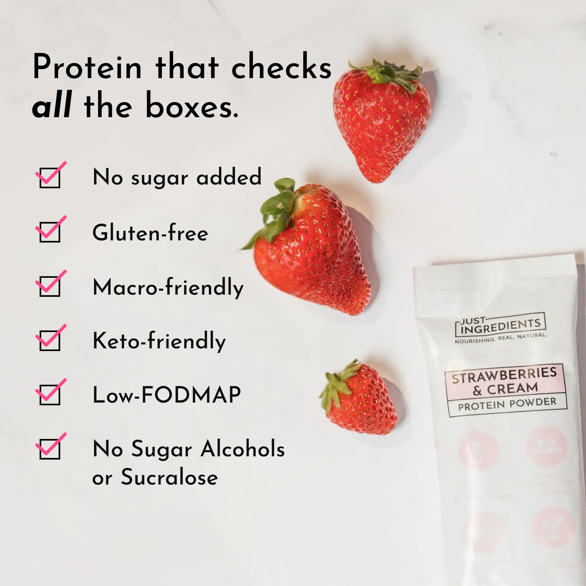 Strawberries and cream protein powder packet next to fresh strawberries, with checkboxes listing dietary benefits.