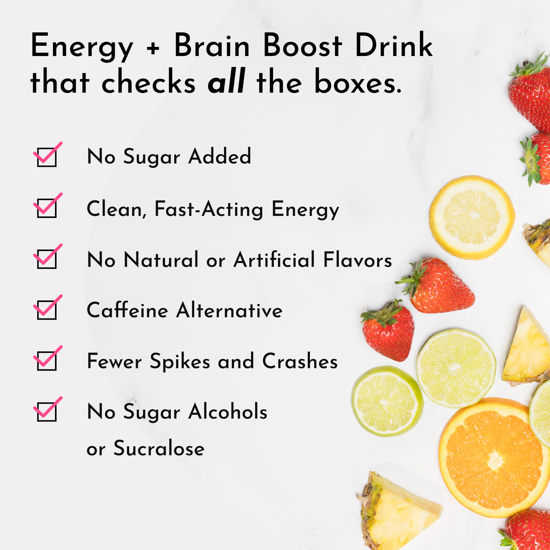 Checklist graphic showing key benefits of the Lemonade Energy + Brain Boost drink beside fruit illustrations.