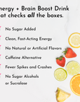 Checklist of benefits for an energy drink, featuring fruits like strawberries, lemons, and oranges on a white background.