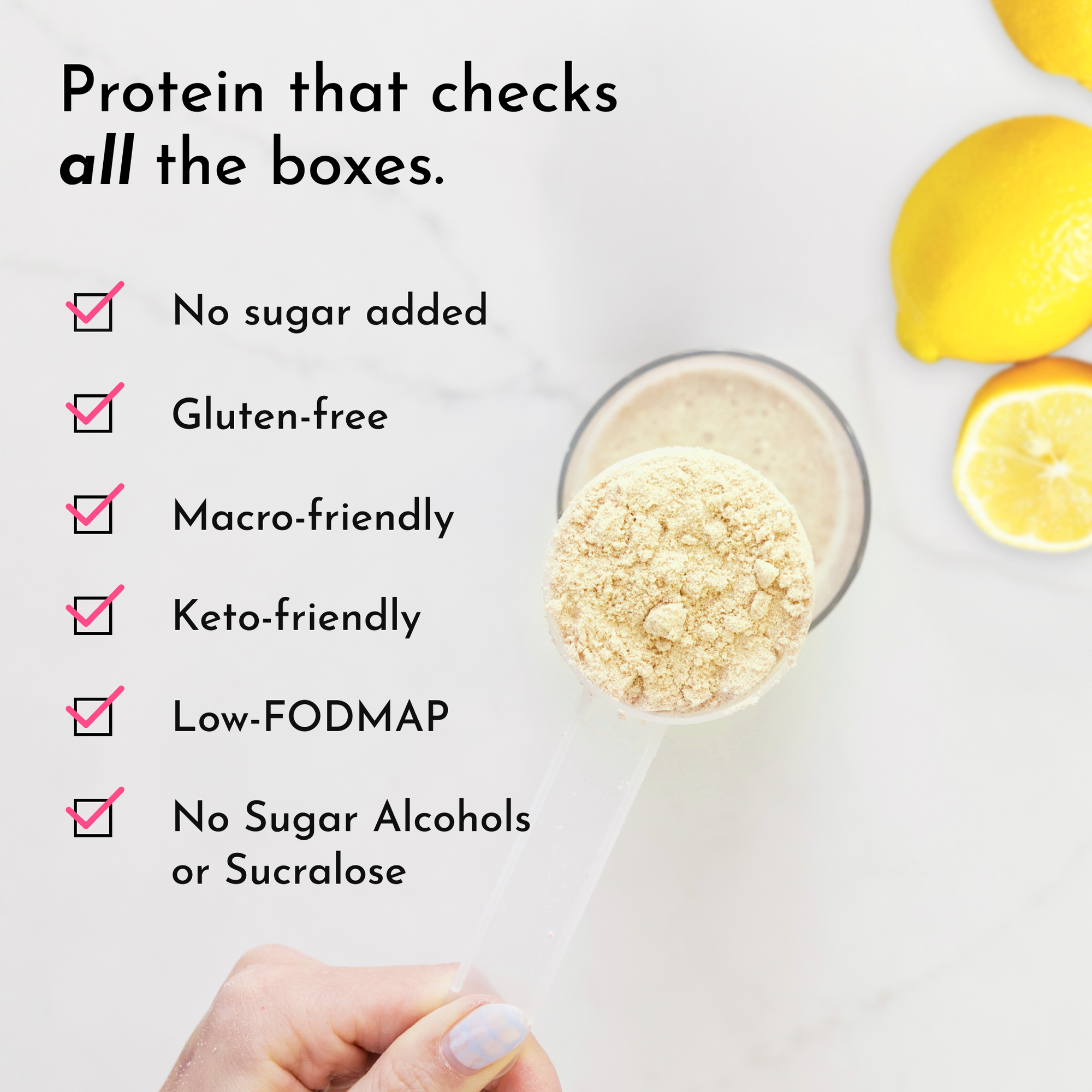 A hand holds a scoop of lemon protein powder above a glass, with lemons and checkmarks for various dietary benefits nearby.