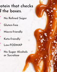 Text listing benefits of a protein powder, including no refined sugar, gluten-free, and keto-friendly, with a caramel sauce b