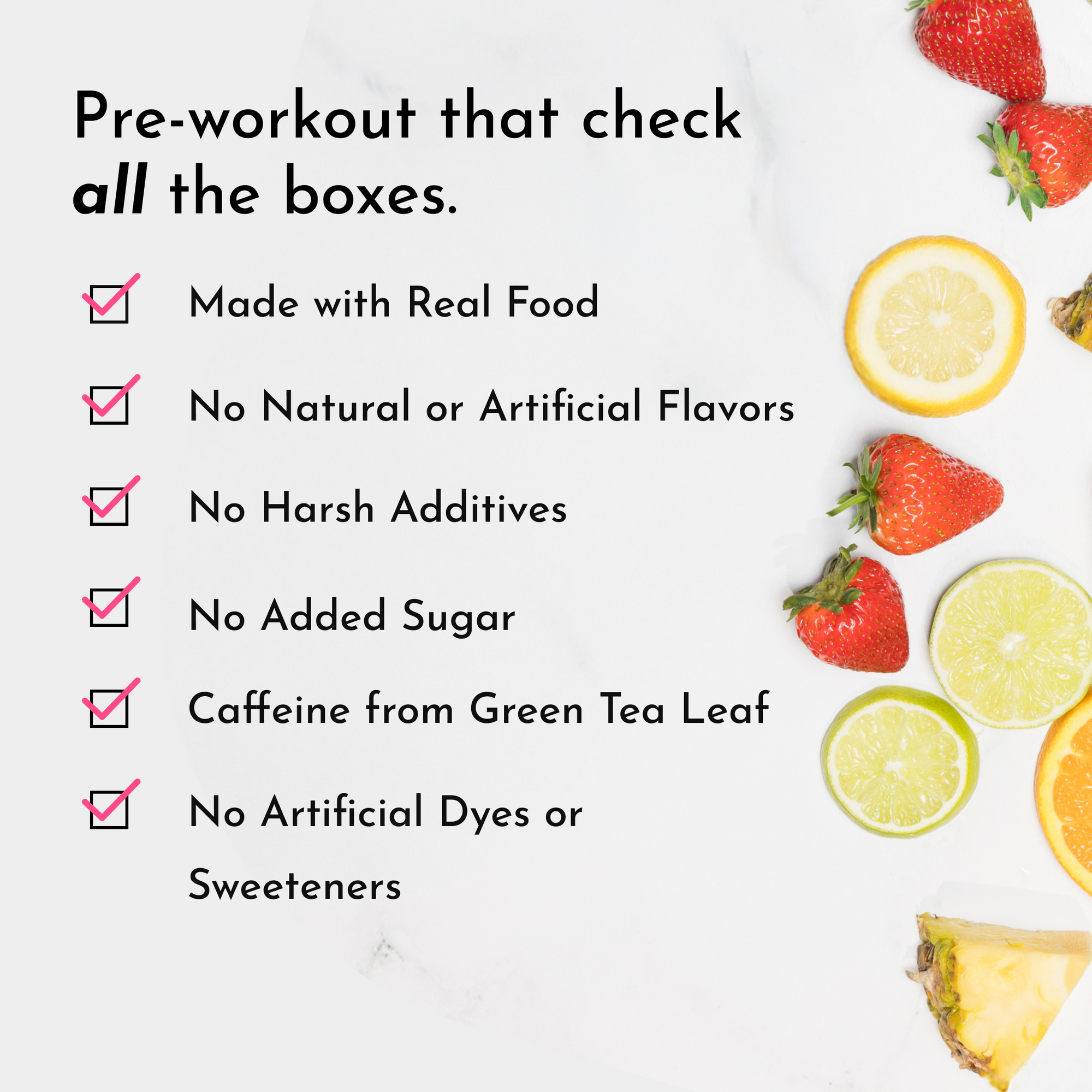 Checklist graphic showing pre-workout features and natural-ingredient callouts with fruit on a marble surface.