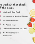 Checklist graphic showing pre-workout features and natural-ingredient callouts with fruit on a marble surface.