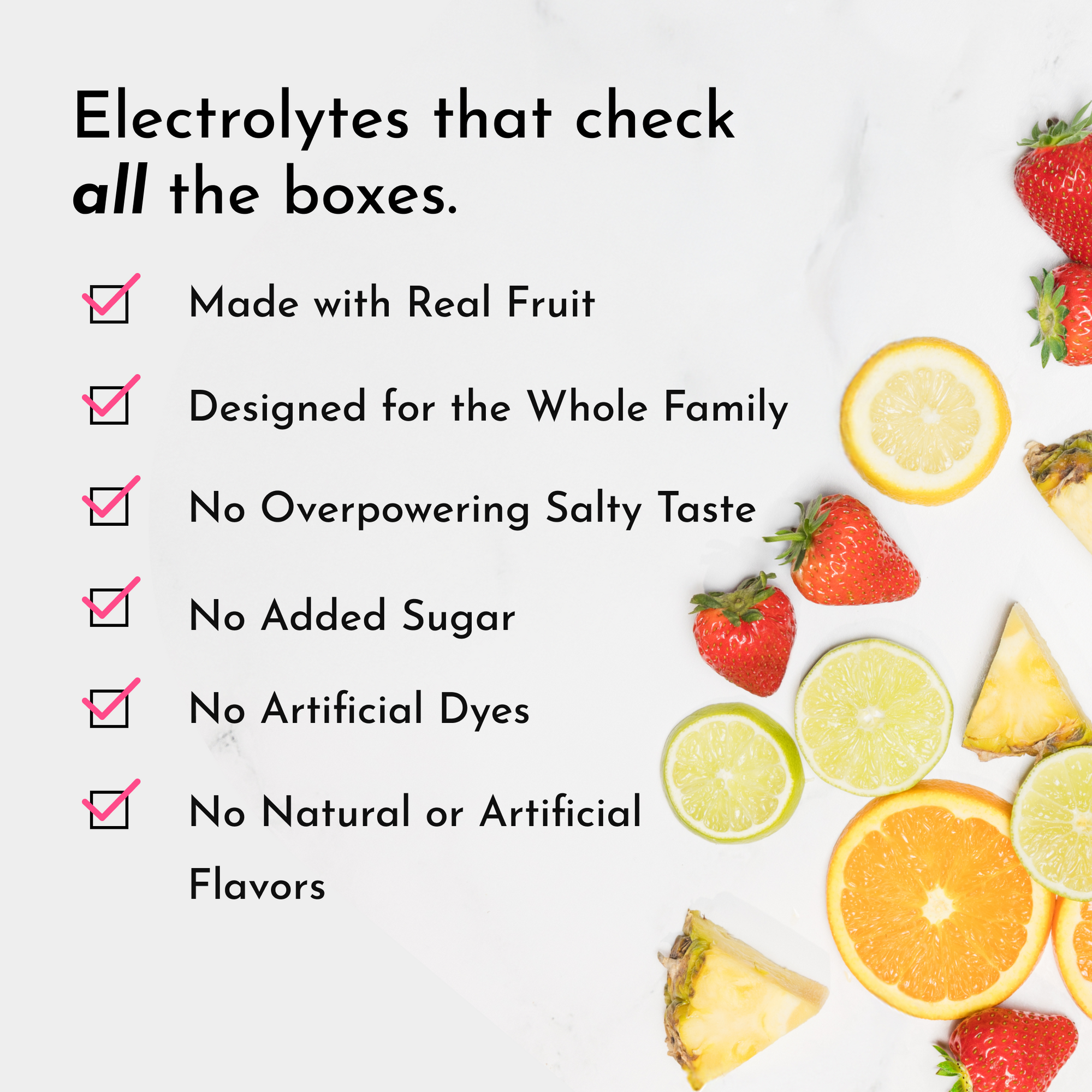 Checklist of benefits for electrolytes, featuring fruits like strawberries, lemons, and pineapple on a white background.