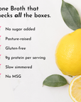 Lemon and herb bone broth with checkmarks listing key features like gluten-free and no sugar added.