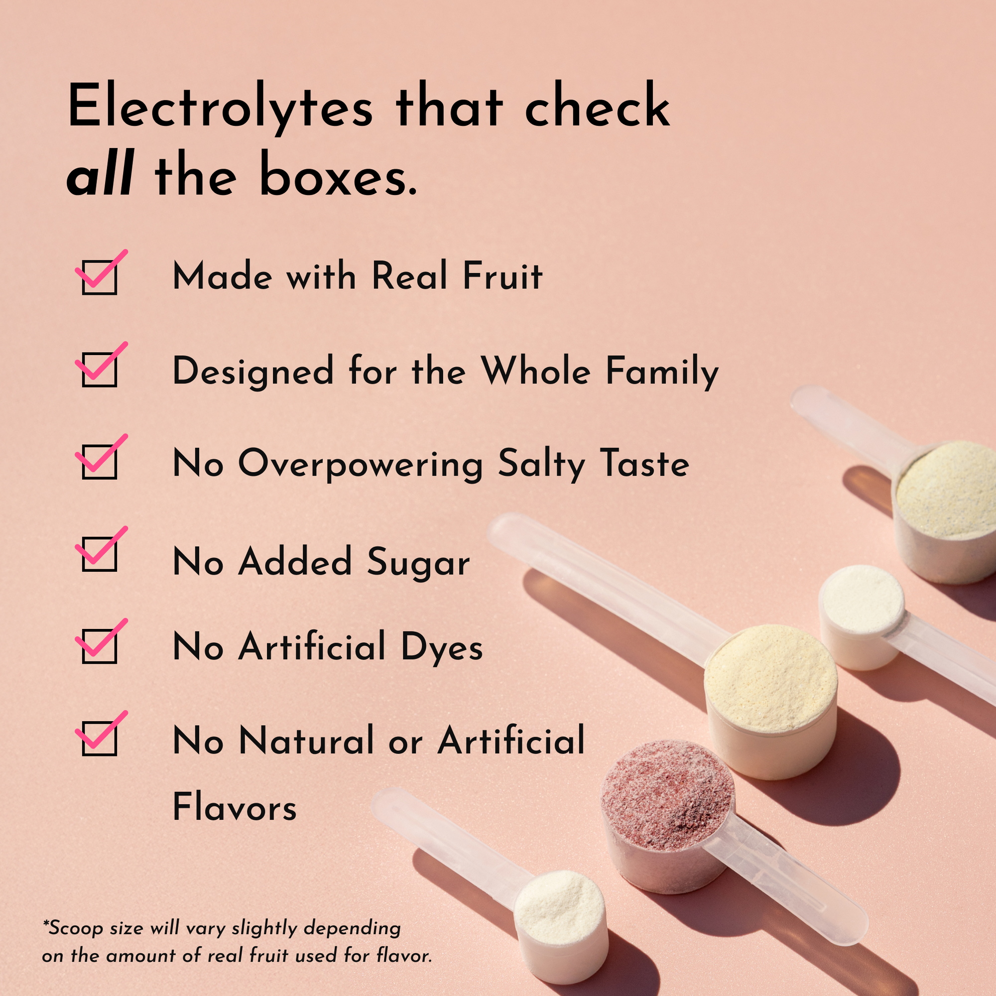 Checklist of features for electrolytes, including real fruit, no added sugar, and no artificial flavors, on a pink background