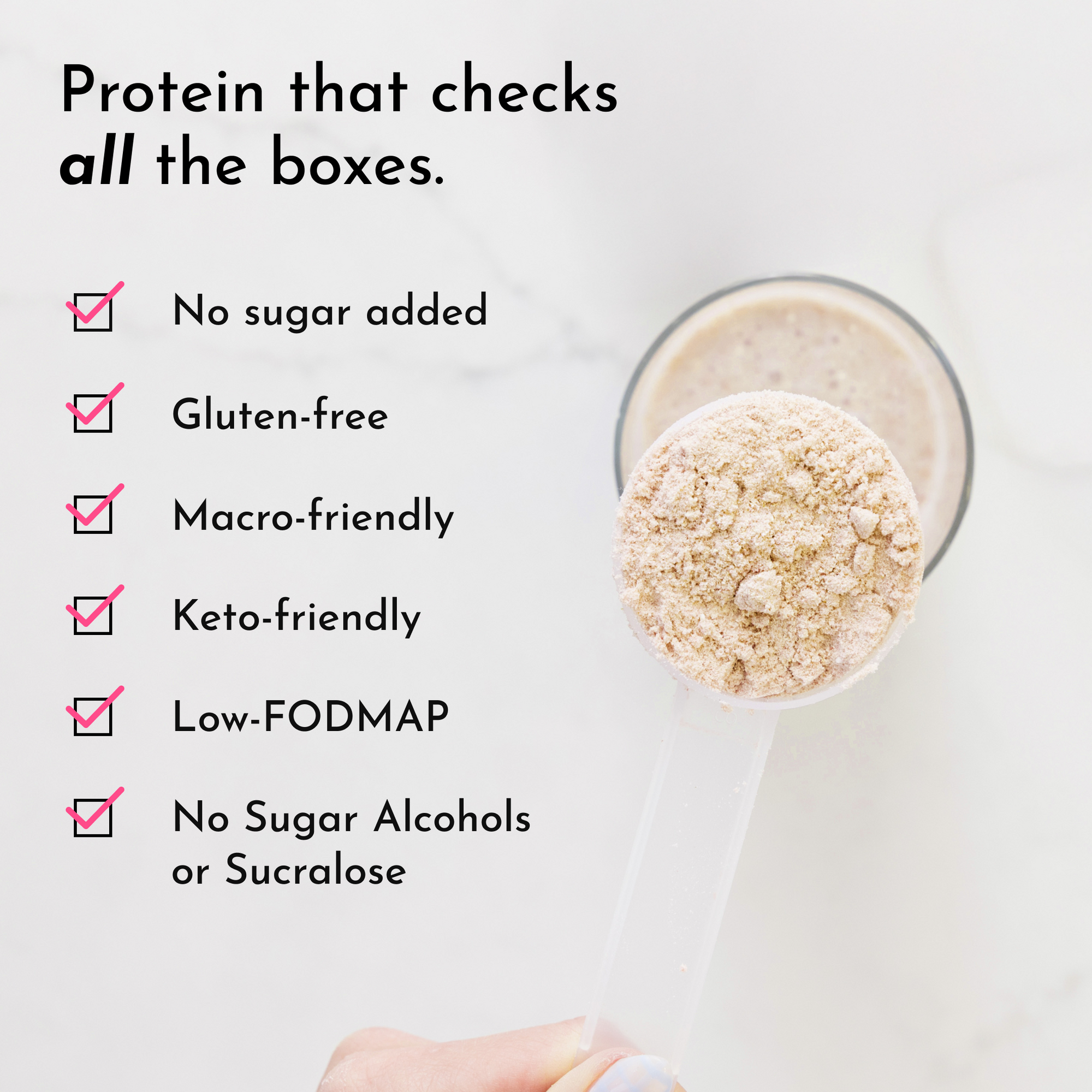 Scoop of protein powder held above a glass, with text listing dietary benefits and features.