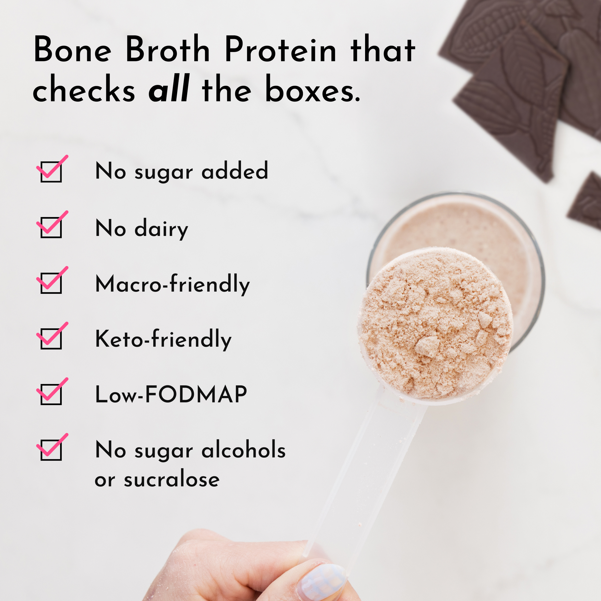 Bone broth protein powder with a spoonful of powder and chocolate pieces on a white background.