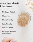 A clear scoop holds protein powder above a glass, with text listing dietary benefits beside it.