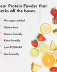 Strawberries, citrus slices, and pineapple chunks arranged on white background with product benefit text.