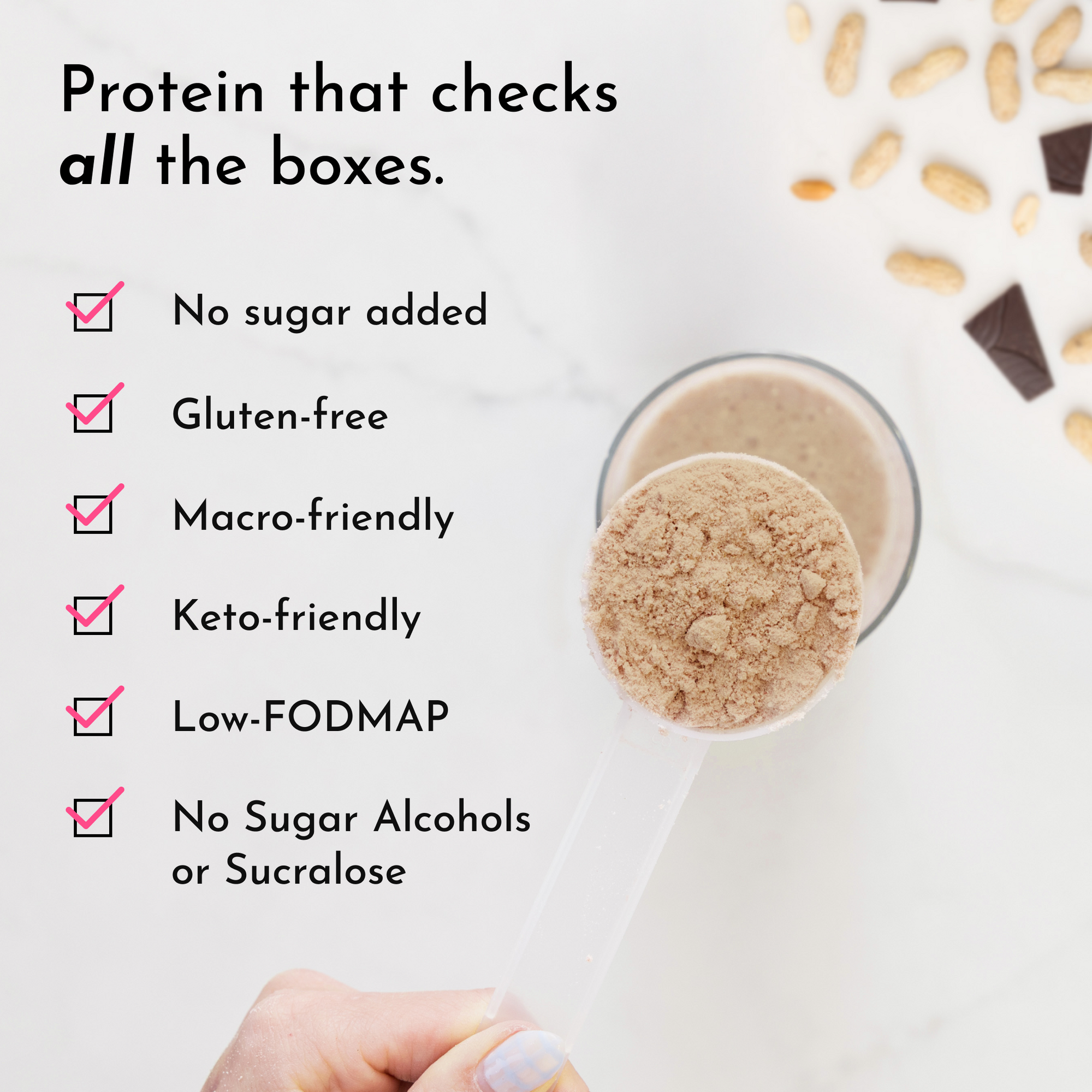 A scoop of protein powder is held above a glass, with checkmarks for various dietary benefits listed beside it.