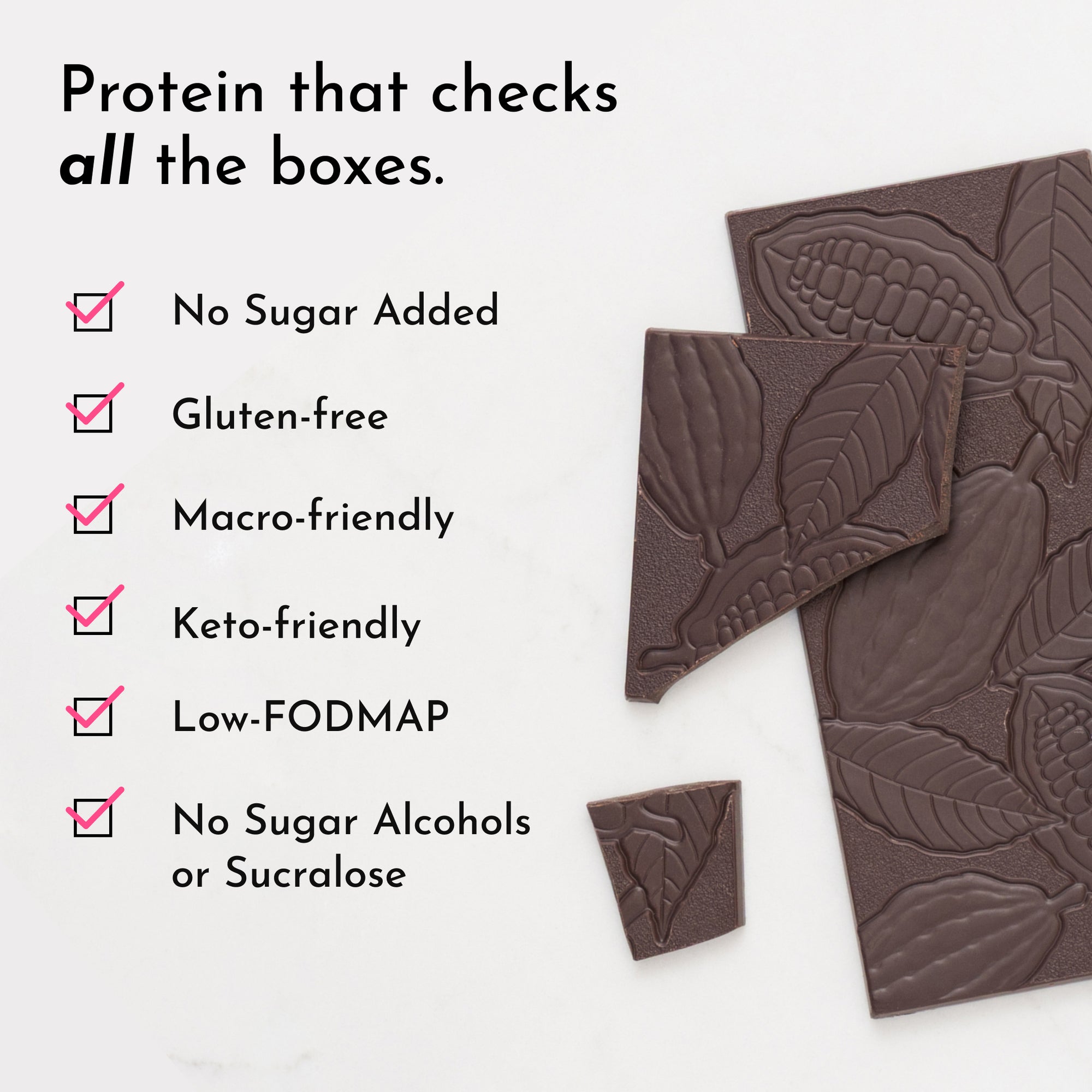 Dark chocolate pieces with embossed cocoa leaf design, listing dietary benefits like gluten-free and no sugar added.