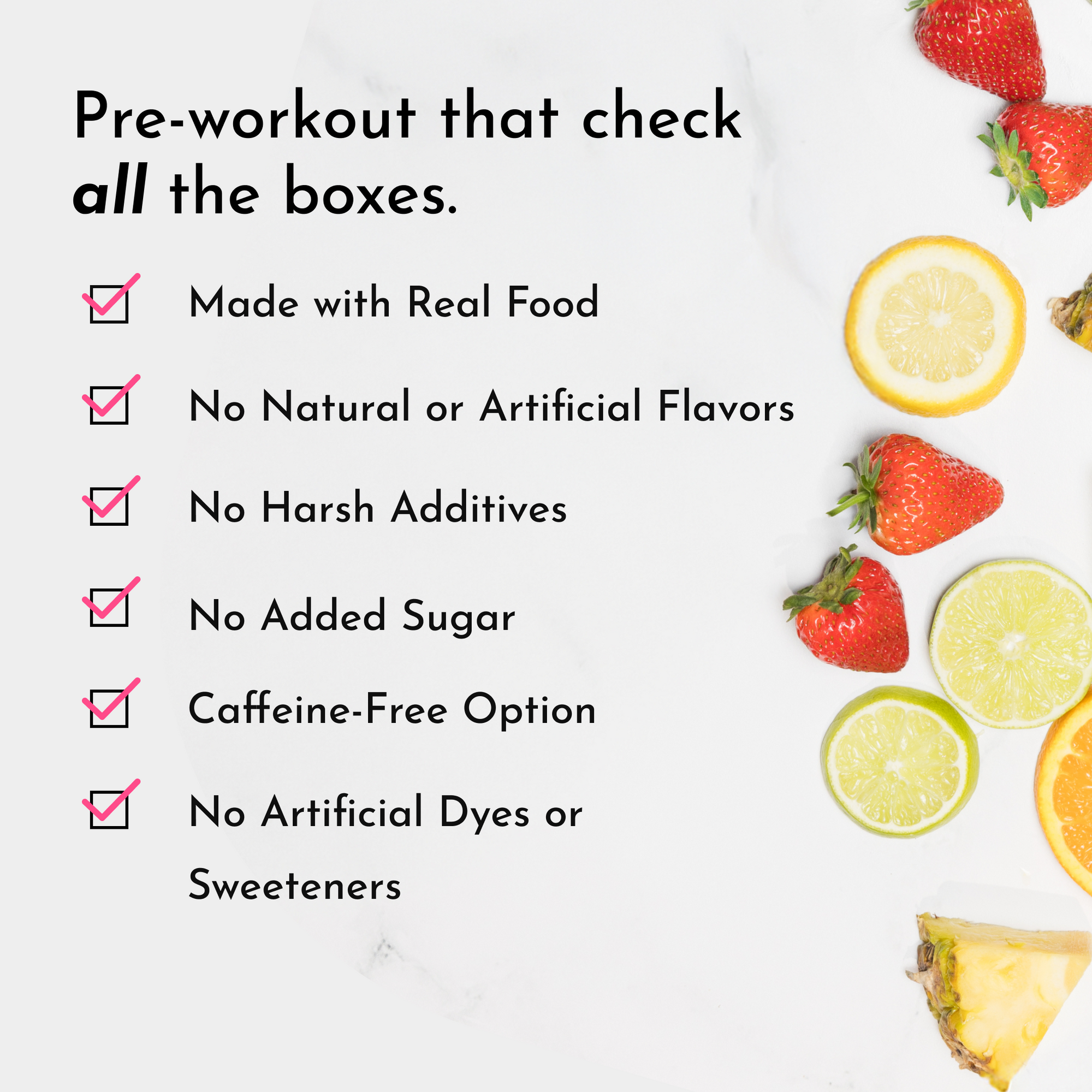 Checklist of pre-workout features with strawberries, limes, and lemons on a marble background.