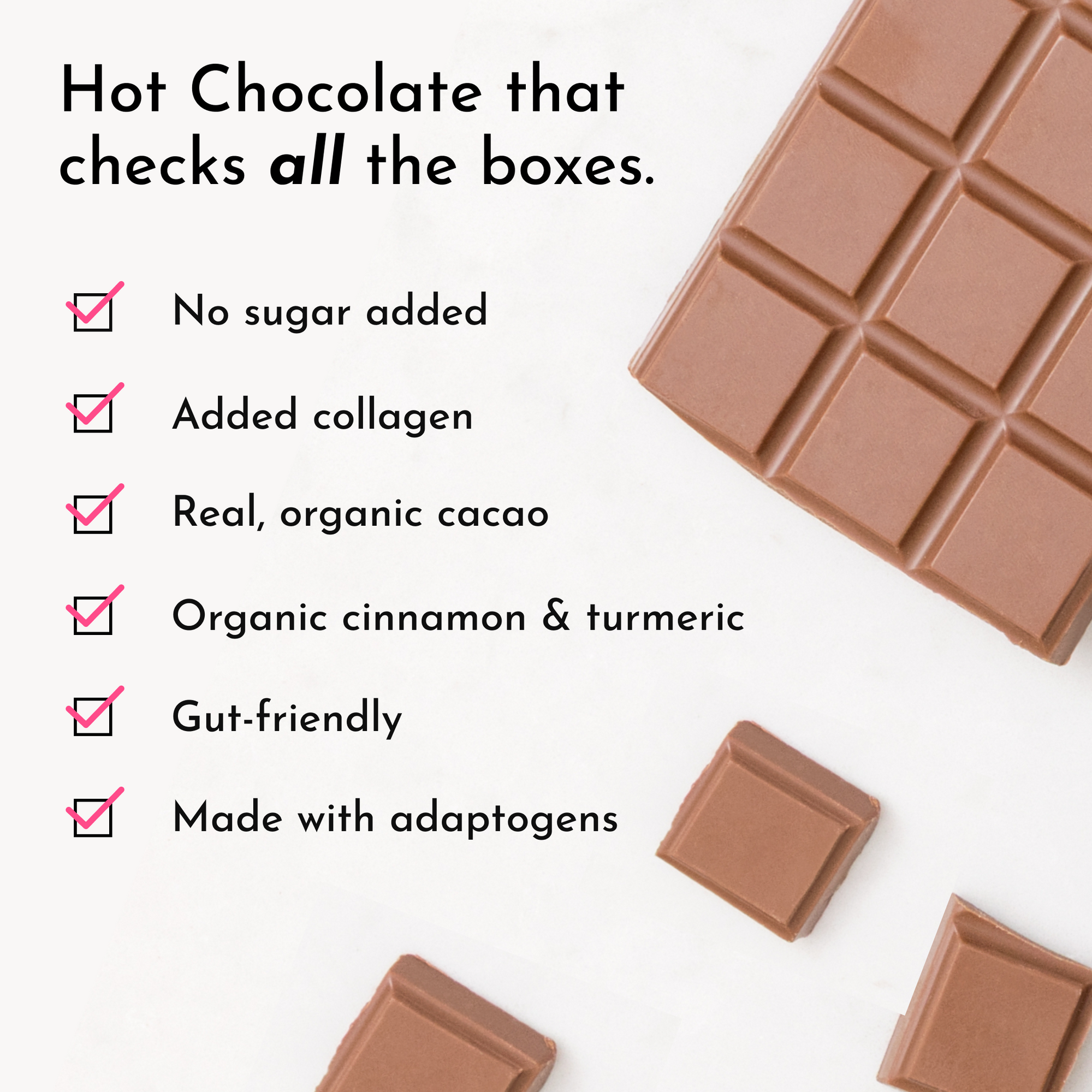 Text highlights features of hot chocolate, including no sugar, added collagen, organic cacao, and adaptogens.