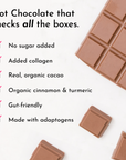 Text highlights features of hot chocolate, including no sugar, added collagen, organic cacao, and adaptogens.