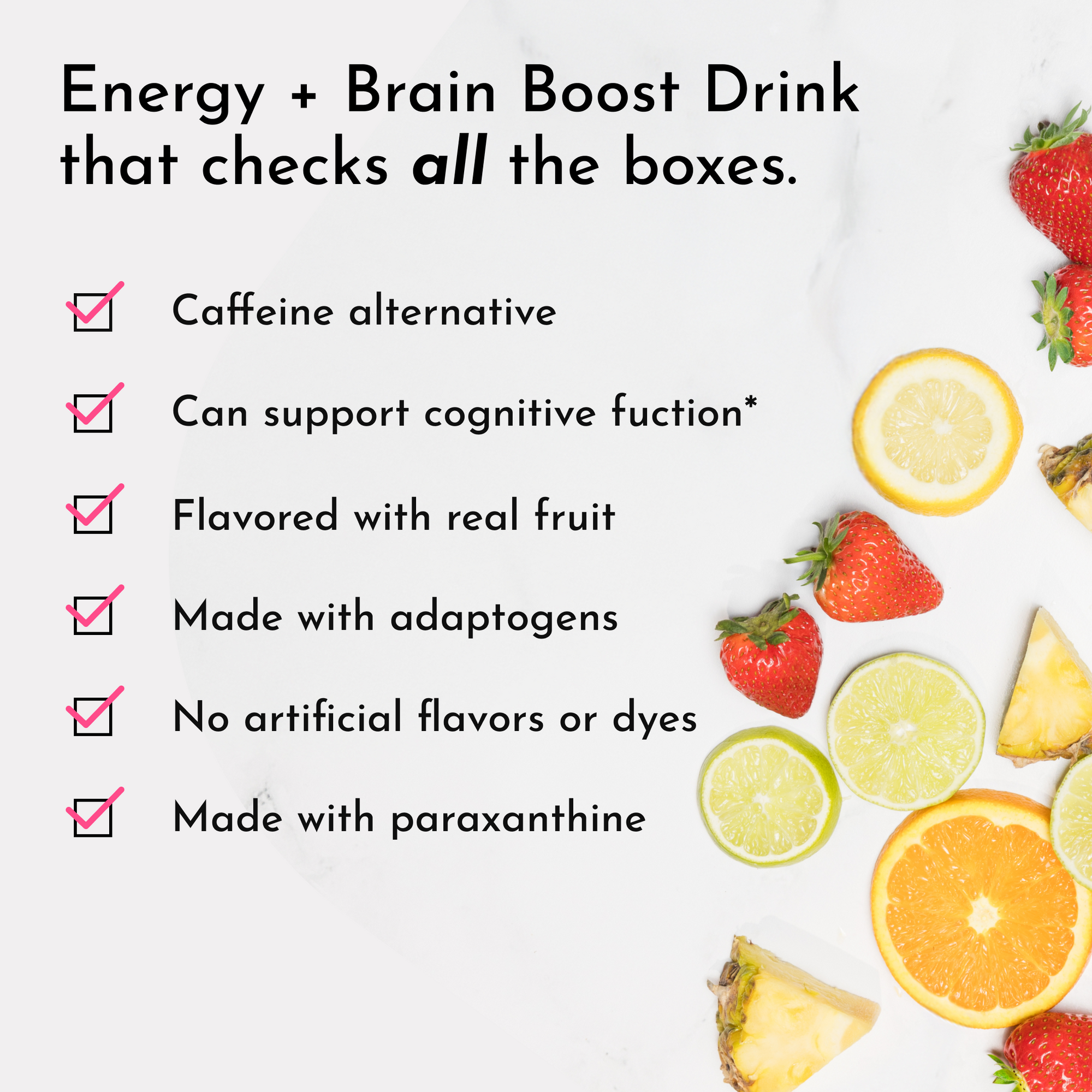 Checklist of benefits for an energy and brain boost drink, featuring fruits like strawberries, lemons, and oranges.
