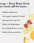 Checklist of benefits for an energy and brain boost drink, featuring fruits like strawberries, lemons, and oranges.