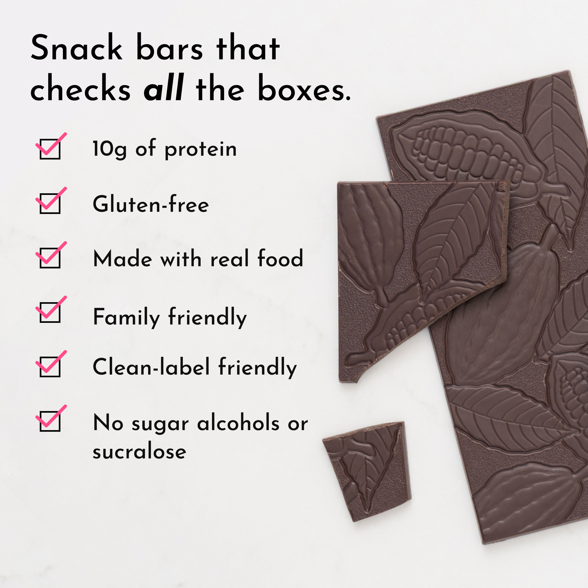 Dark chocolate pieces with cocoa leaf designs and text highlighting snack bar features on a light background.