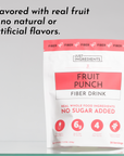 White pouch of Fruit Punch Fiber Drink with red accents, listing fiber content and no added sugars or artificial flavors.
