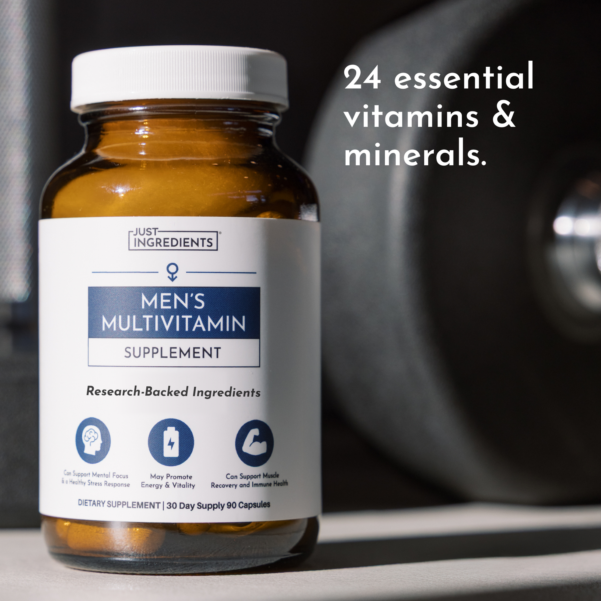Amber glass bottle of Just Ingredients Men's Multivitamin with white cap and label showing 90 capsules.