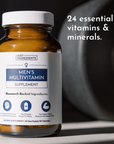 Amber glass bottle of Just Ingredients Men's Multivitamin with white cap and label showing 90 capsules.