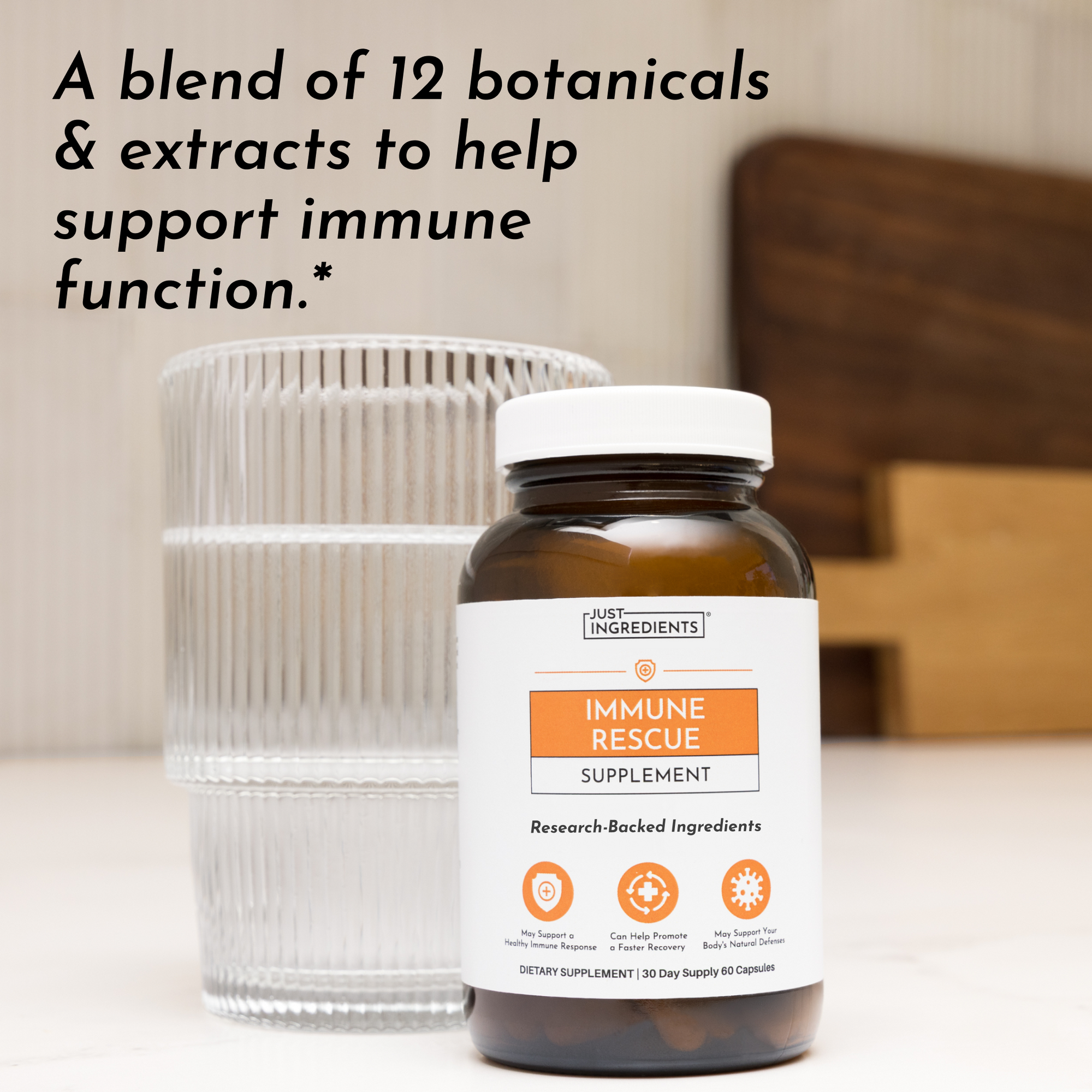 Amber glass bottle of Immune Rescue supplement with white cap next to a ribbed glass of water on neutral background.