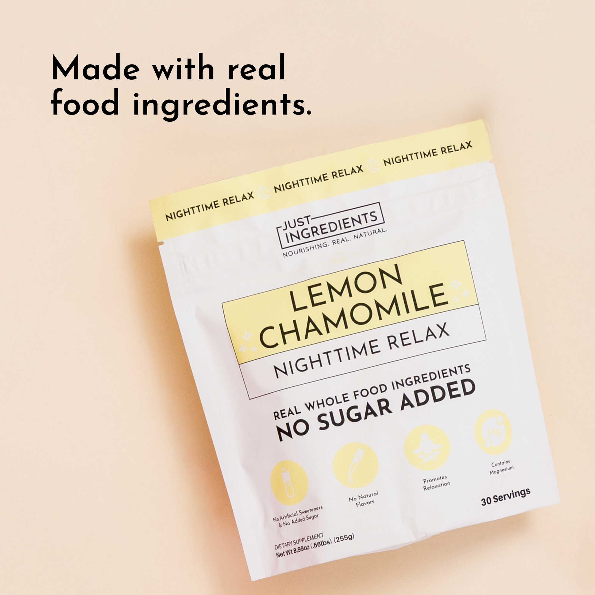 Pouch of Lemon Chamomile Nighttime Relax supplement with text highlighting ingredients and benefits.
