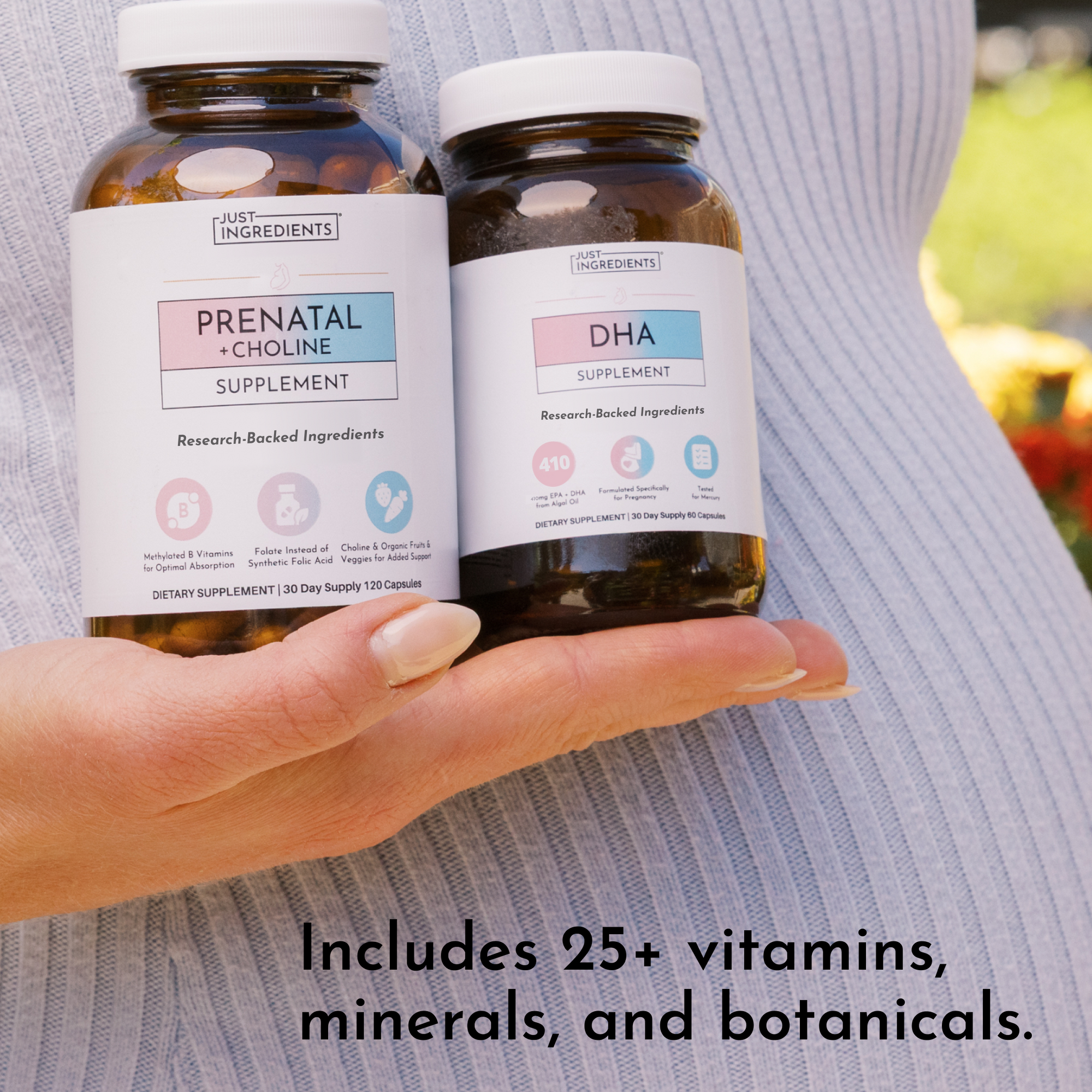 Two amber glass supplement bottles labeled "Prenatal + Choline" and "DHA" held in a hand against a striped white shirt.