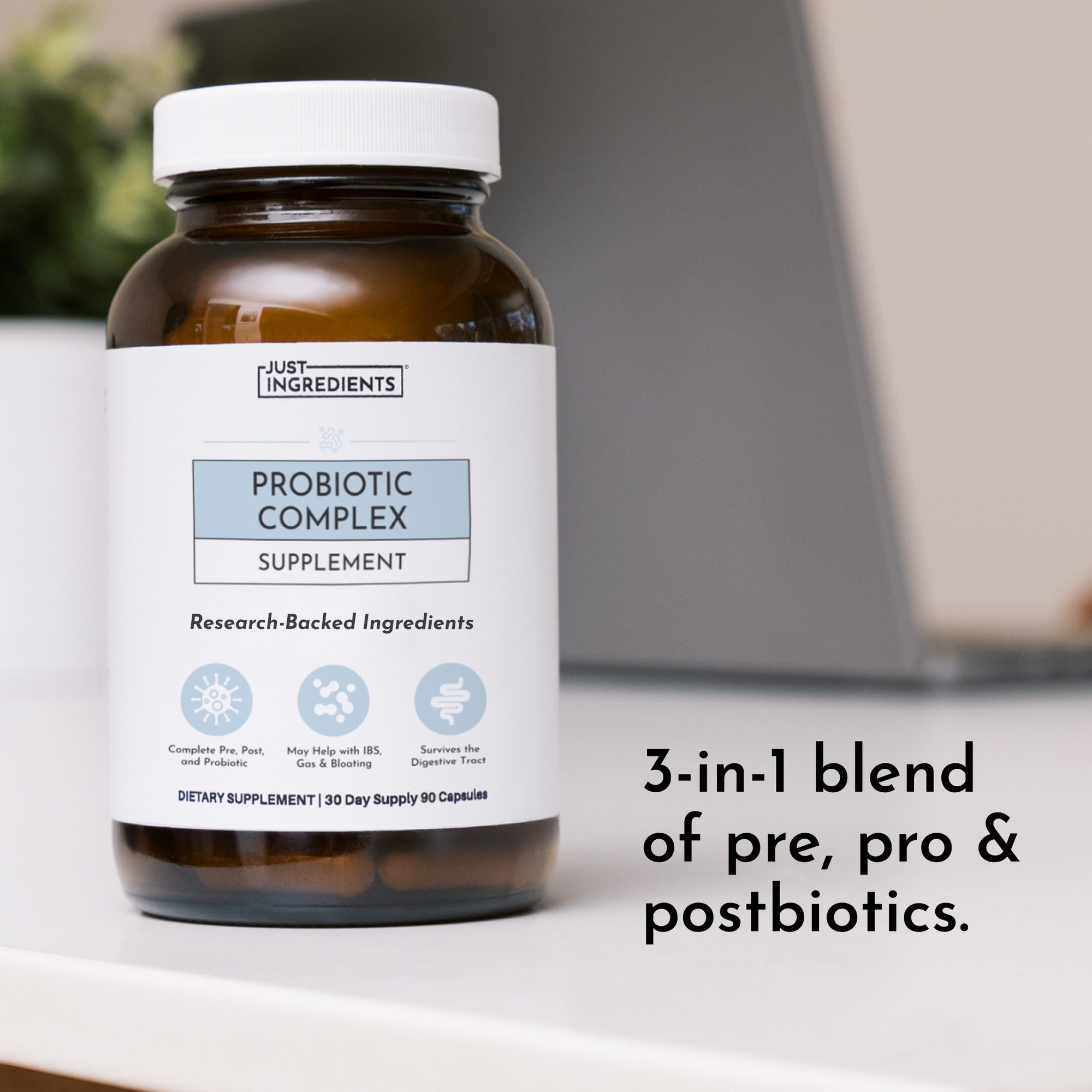 Brown glass bottle with white cap labeled "Probiotic Complex Supplement" containing 90 capsules.