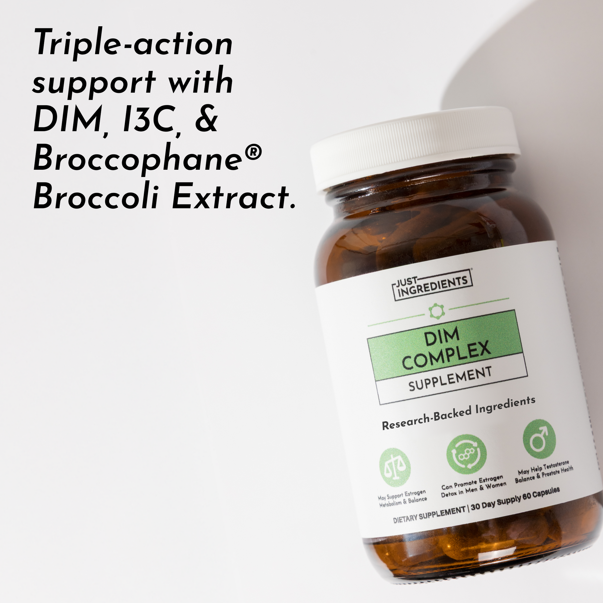 Brown glass bottle with white cap labeled "DIM Complex Supplement" containing 60 capsules, shown against white background.