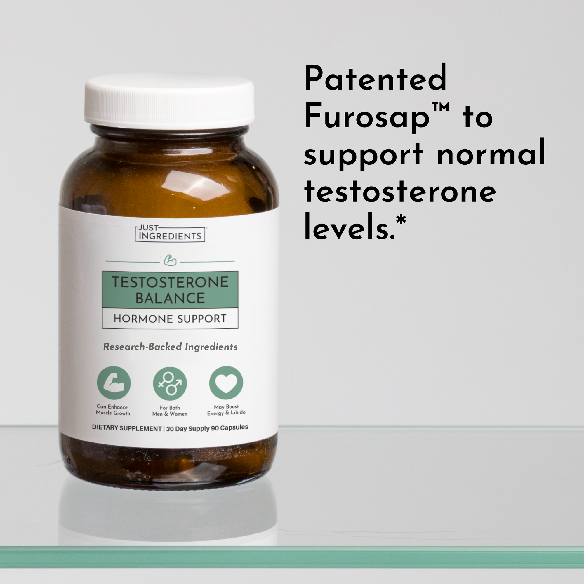 Amber glass bottle of Testosterone Balance dietary supplement with white cap and green label showing hormone support informat