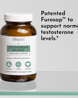 Amber glass bottle of Testosterone Balance dietary supplement with white cap and green label showing hormone support informat
