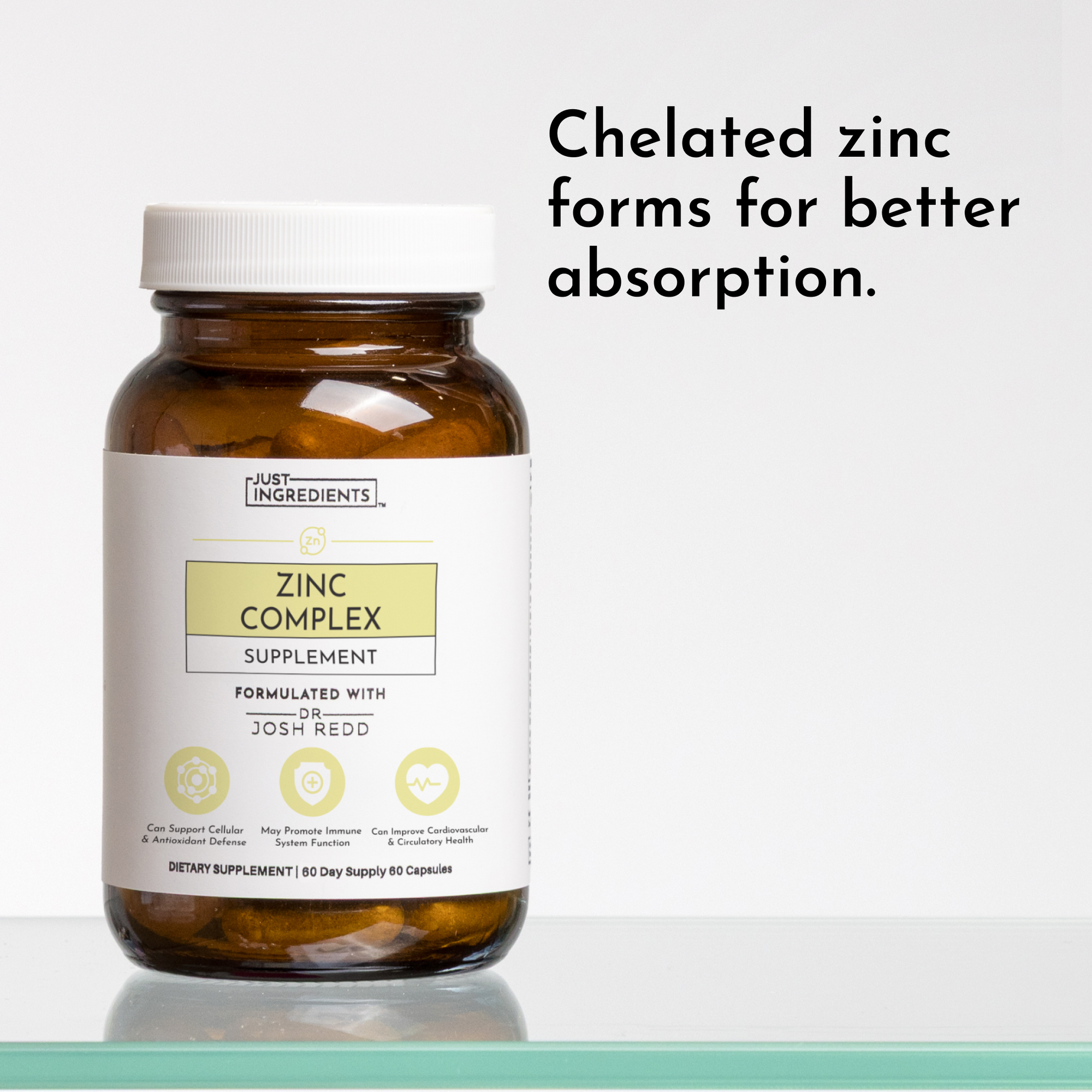 Brown glass bottle of Zinc Complex dietary supplement with a white cap and label detailing its benefits.