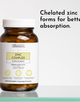 Brown glass bottle of Zinc Complex dietary supplement with a white cap and label detailing its benefits.