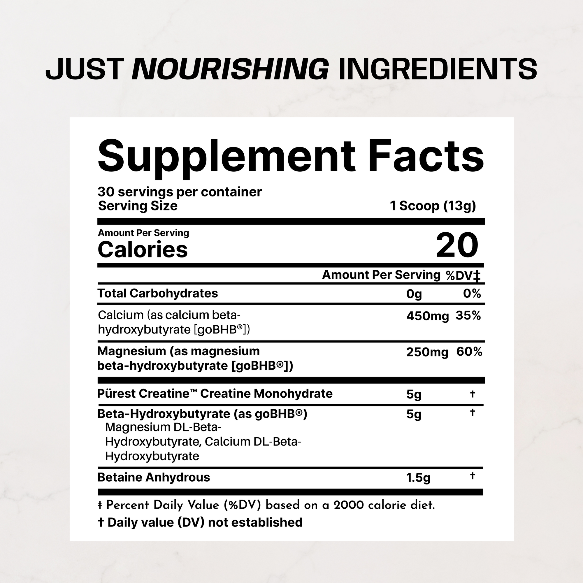 Supplement Facts label showing nutritional information including creatine monohydrate, beta-hydroxybutyrate, calcium, magnesi