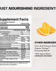 Orange slices next to supplement facts label listing ingredients including vitamin C, electrolytes, L-glutamine, and coconut 