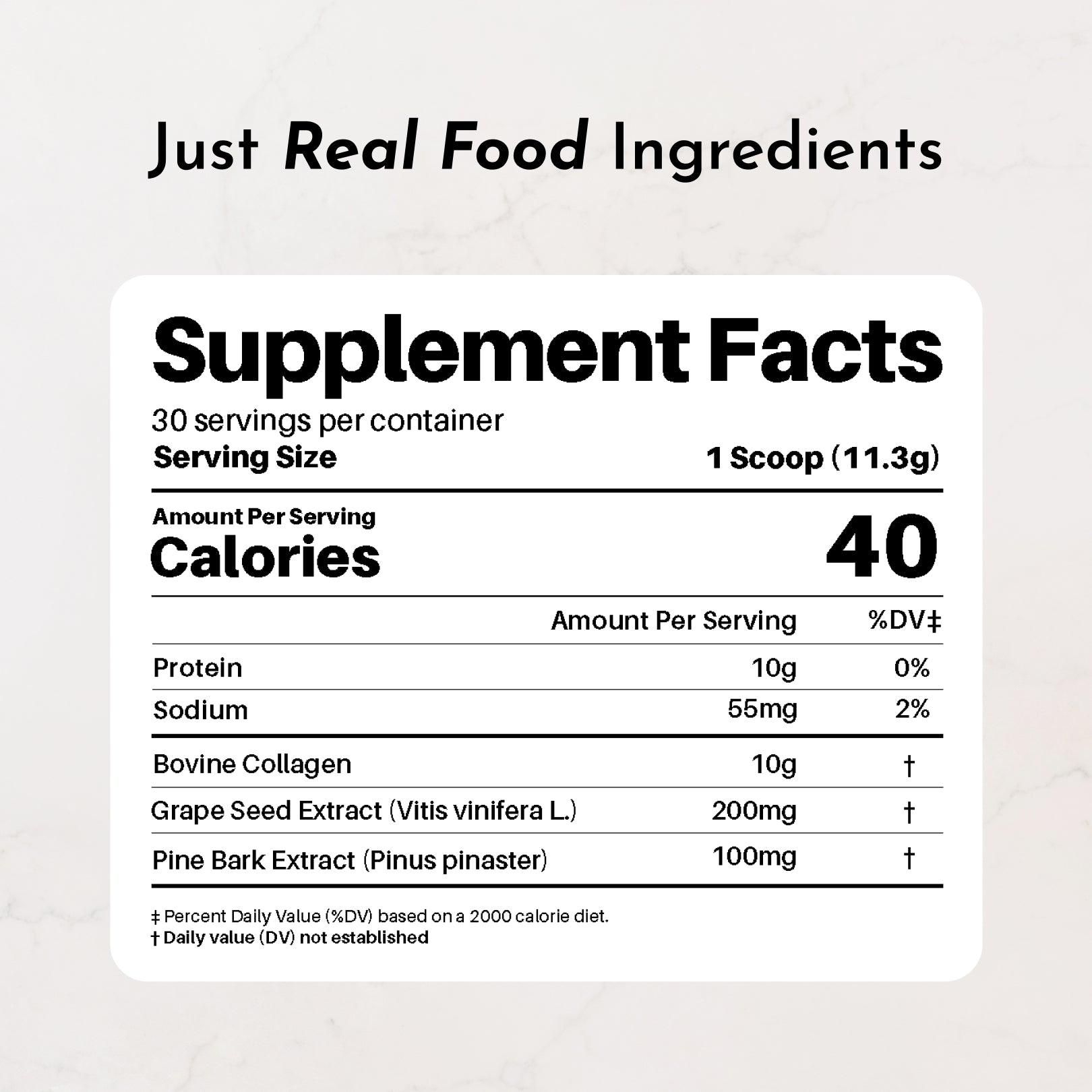 Supplement Facts label showing 30 servings per container with 10g protein, bovine collagen, grape seed extract, and pine bark