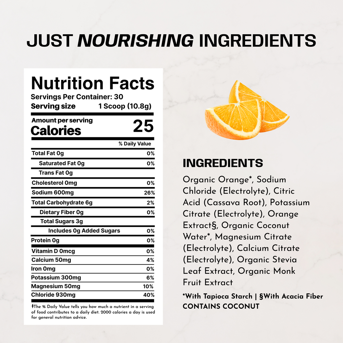 Close-up of the nutrition facts and ingredients panel for orange electrolyte powder with an orange slice illustration.