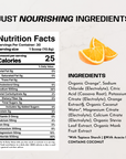 Nutrition facts label and ingredients list for orange electrolyte powder with orange slice illustration.